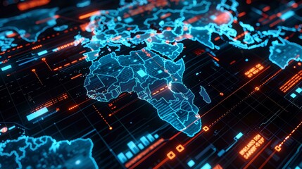 A digital map of the world with glowing blue and red lights, representing global network technology concept background with data center interface elements. Hightech cyberpunk style