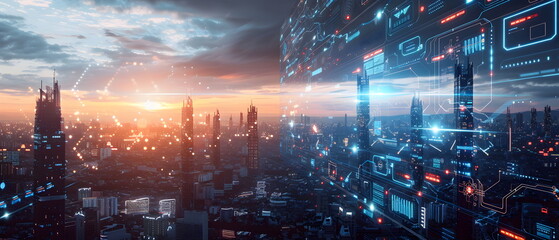 AI-Powered Future World, Image of a future city using artificial intelligence to control various systems, showing the impact of artificial intelligence on the way of life