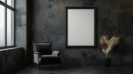 Mockup frame on loft interior with armchair on dark cement wall background.