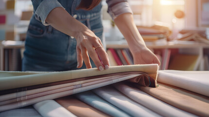 Professional decorator working in her studio she is choosing fabric swatches for her project : Generative AI