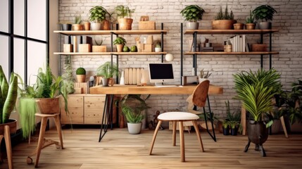Fototapeta premium a neat and comfortable work desk with an open laptop, a table lamp, and several decorative plants around it. Sunlight shines into the room through the window