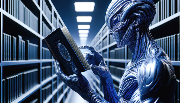 A futuristic, blue-skinned alien is reading an ornate book in a vast, well-lit library. The shelves are filled with books, creating a scholarly atmosphere, highlighting the alien's curiosity.