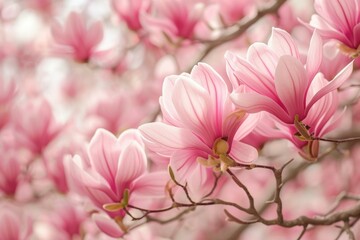 Stunning close-up of a delicate pink magnolia branch blooming in the bright daylight of spring....
