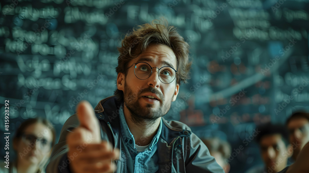 Poster Photo realistic of a Teacher using enthusiastic gestures to explain a concept in class with positive body language for effective teaching in an educational setting
