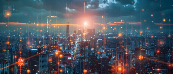 Obraz premium AI-Powered Future World, Image of a future city using artificial intelligence to control various systems, showing the impact of artificial intelligence on the way of life