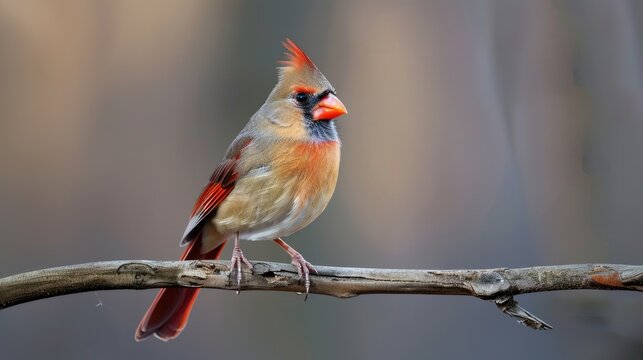 A profile view of a female northern cardinal perched on a branch
