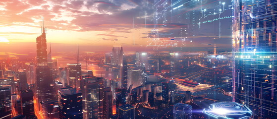AI-Powered Future World, Image of a future city using artificial intelligence to control various systems, showing the impact of artificial intelligence on the way of life