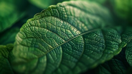 A close-up shot showcasing the vibrant green texture of a leaf with sophisticated lighting effects. 