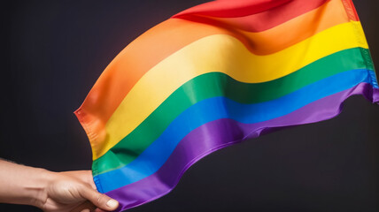 Person hand holding and waving an LGBT pride flag. Multicolored peace flag movement. Original color symbol of gay pride. Rainbow flag on grey background,GENERATIVE ai