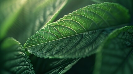 A close-up shot showcasing the vibrant green texture of a leaf with sophisticated lighting effects. 
