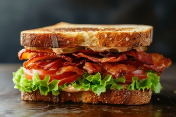 Toasted blt sandwich with crispy bacon, fresh lettuce, and ripe tomatoes on a rustic wooden surface