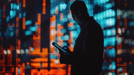 The outline of a trader engrossed in market analysis, with a digital tablet in hand and virtual screens displaying dynamic candlestick charts in the background.
