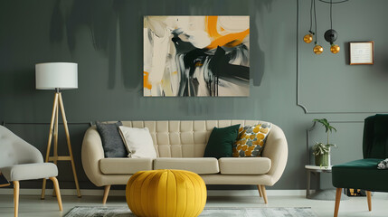 Abstract painting on grey wall of retro living room interior with beige sofa with pillows vintage dark green armchair and yellow pouf with book : Generative AI