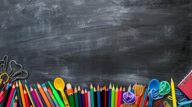 colorful school supplies arranged on double blackboard border education background