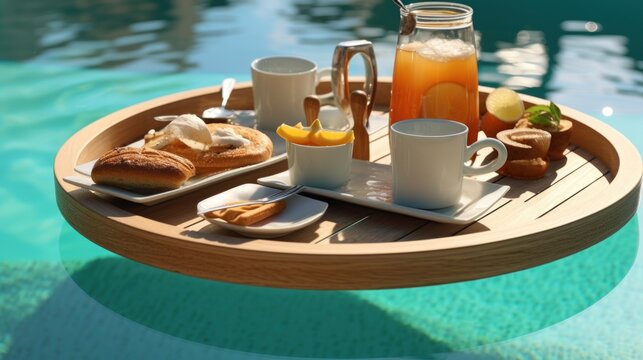 wooden tray that floats on the water of the swimming pool during the day. The tray contains various foods and drinks.