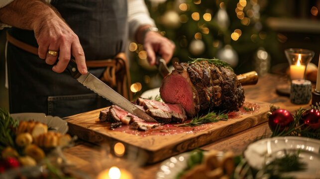 Chef carving a prime rib roast at a festive holiday dinner, delighting guests with a centerpiece of succulent meat.