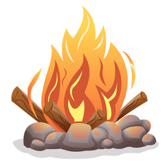 campfire with wood and stone, bonfire vector illustration