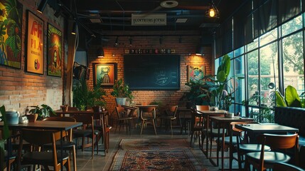 cozy cafe interior with stage for poetry slam event artistic gathering concept
