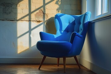 Warm sunlight casting a shadow on a vibrant blue armchair by a concrete wall, evoking calmness