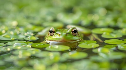 Obraz premium curious green tree frog peeking out from lush pond vegetation closeup nature photography