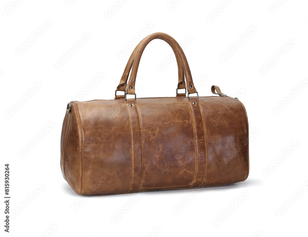 Wall mural tan leather duffle gym bag isolated on white background