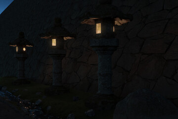 Iilluminated japanese stone lantern next to small stream and stone wall. 3D Rendering