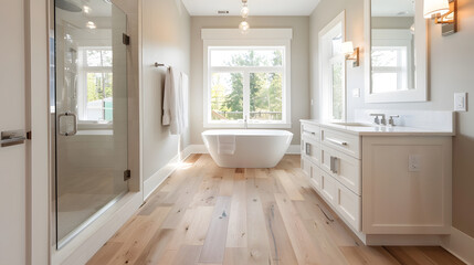 Beautiful ensuite bathroom in new farmhouse style luxury home with double vanity freestanding soaker bathtub mirror sinks shower and hardwood floor : Generative AI