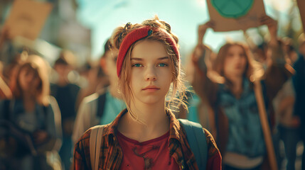 Photo realistic of Young activists organizing a climate change rally, emphasizing advocacy youth involvement and urgent climate action to protect our planet