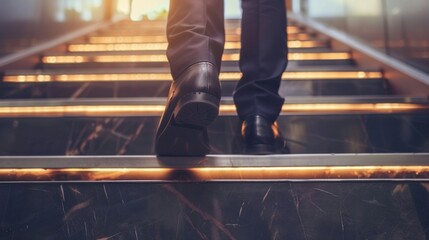 someone who is walking up the stairs. The main focus is on the black leather shoes and the person's footsteps.