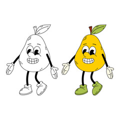 Ripe yellow pear in flat style. Pear character. Funny cartoon retro character pear in flat and doodle style. Groovy pear.	
