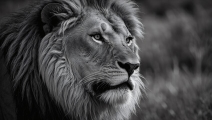 Raw Power, Monochrome Close-Up of a Lion's Head, Ready to Strike