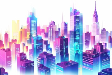 An electrifying cityscape at dusk, adorned with vibrant neon lights and towering skyscrapers against a clear white background.