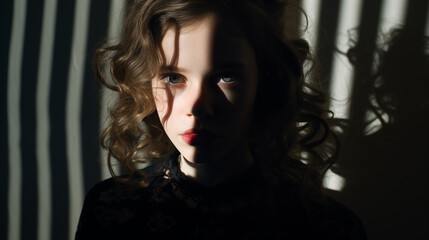 Fototapeta premium portrait of a young beautiful girl standing against the wall with shadows on her face 