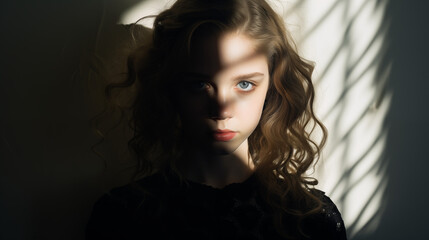 portrait of a young beautiful girl standing against the wall with shadows on her face 