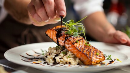 Chef presenting a gourmet dish of seared salmon with creamy risotto and drizzled balsamic reduction, a culinary masterpiece.