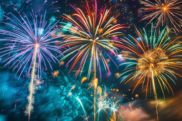 Fototapeta premium A spectacular fireworks display illuminating the night sky with bursts of color, sparkle, and brilliance, painting the darkness with vibrant patterns and cascading showers of light.