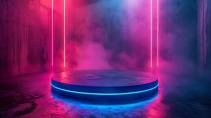 Create a retro futurism image of a glowing blue and pink neon pedestal or stage in a dark room with glowing pink and blue neon lights