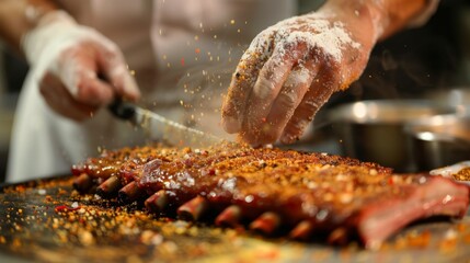 Chef seasoning tender pork spare ribs with a blend of spices, preparing for slow roasting to perfection.