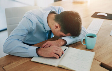 Business man, sleeping and office with burnout and stress from corporate deadline and audit...
