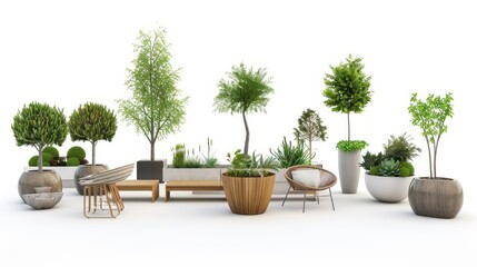 Fototapeta premium diverse collection of modern outdoor seating and tree planters isolated on white