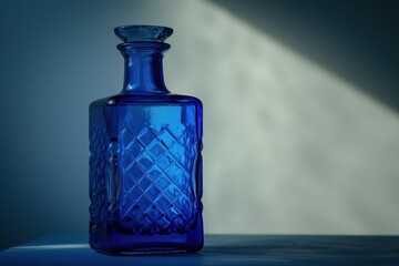 Elegant blue glass vase captured against a backdrop with contrasting shadows and light rays