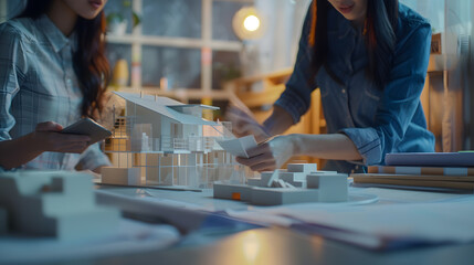 Architects and interior designers women discussing to concept of building design Estimation for construction project with tablet technology Drawing Material and Model Selective focus c : Generative AI