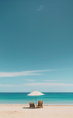 Minimalist summer scene with a solitary beach umbrella and lounge chair on golden sand, against a calm blue ocean and clear sky.
