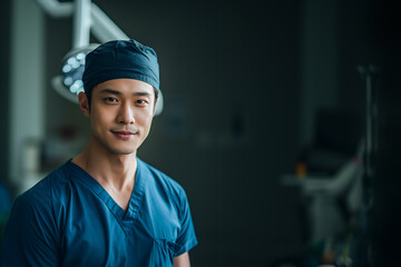A young Asian male surgeon, skilled and professional, confidently poses in blue scrubs in a fully equipped operating room.