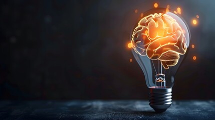 Human brain glowing inside of light bulb on dark background - Powered by Adobe