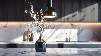 Kitchen marble bench close up with black hanging pendant and vase : Generative AI
