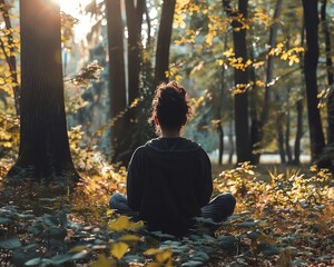 A young woman in a black sweatshirt and gray sweatpants is sitting in a meditative pose in the middle of a forest