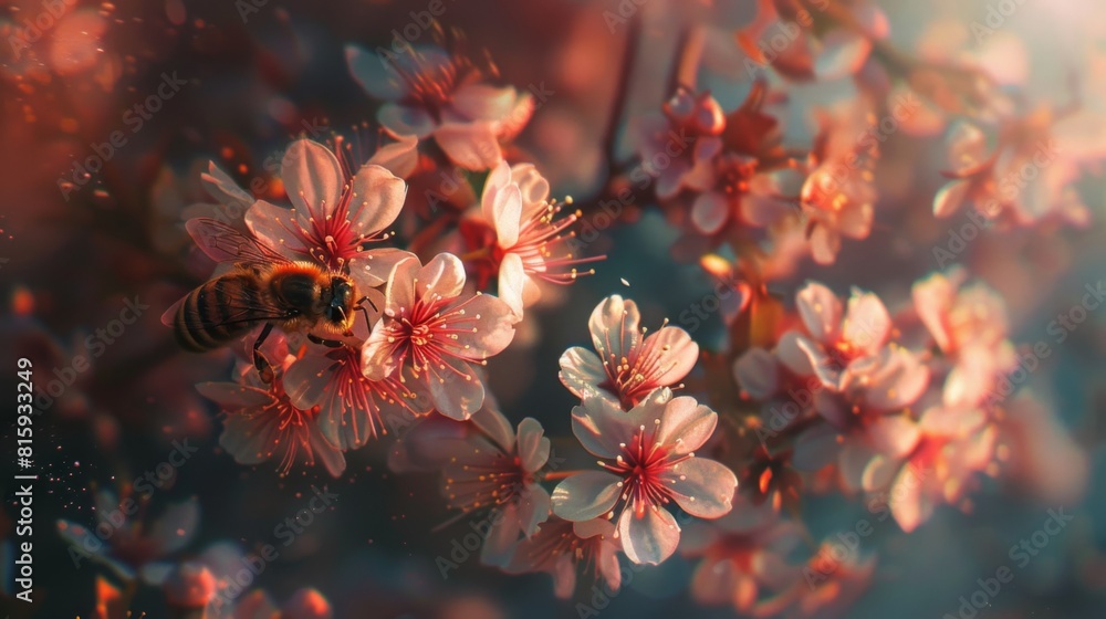 Poster close-up of a bee collecting pollen from a cluster of delicate cherry blossoms, a scene of natural h