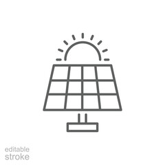 Solar panel icon. Simple outline style. Photovoltaic, sun, installation, roof, generator, heat, sunlight, renewable energy concept. Thin line symbol. Vector illustration isolated. Editable stroke.