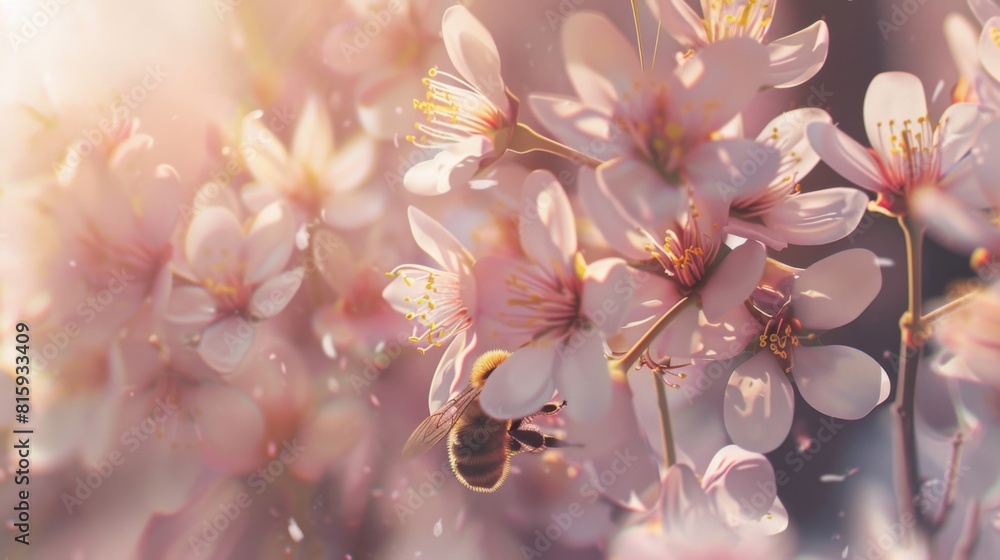 Poster close-up of a bee collecting pollen from a cluster of delicate cherry blossoms, a scene of natural h